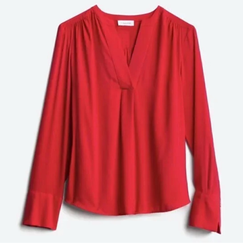 Calvin Klein Red V-Neck Long Sleeve Blouse